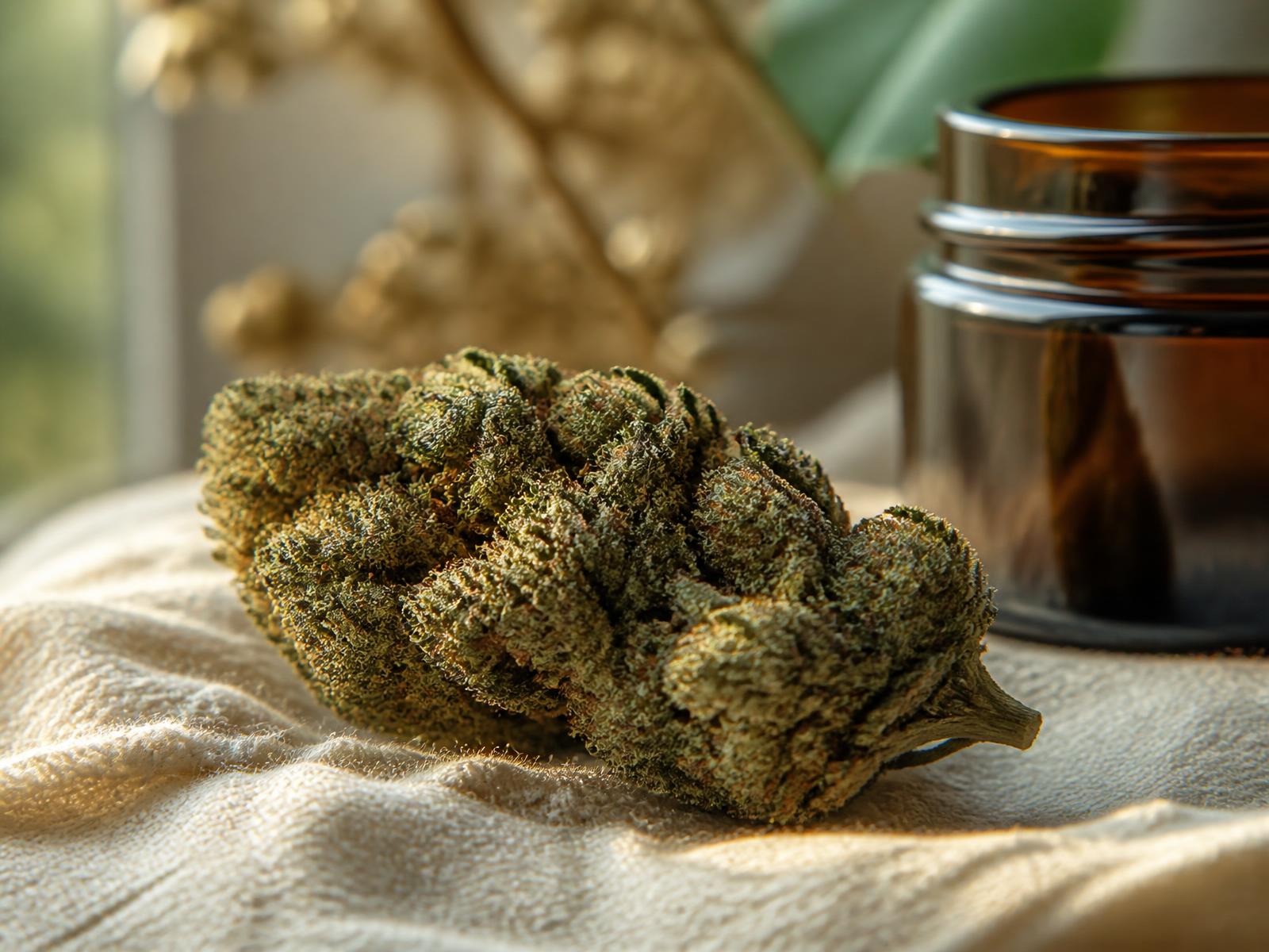 Freshly cured THCA hemp flower bud beside an amber storage jar
